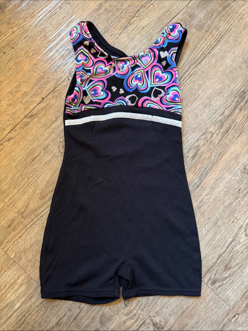 Black Dance Unitard with Bright Heart Print and Silver Band